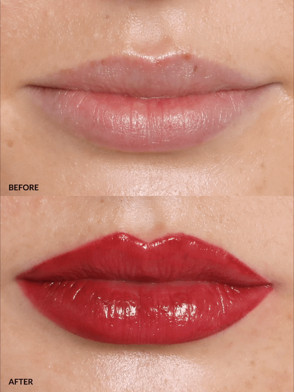 LIPS BEFORE AND AFTER REFY RED LIP GLOSS ON DIFFERENT SKIN TONES