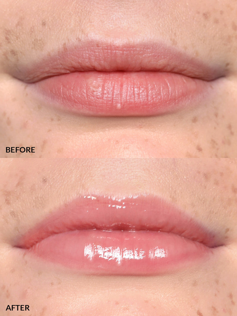 REFY LIP GLOSS IN SHADE BLUSH BEFORE & AFTER