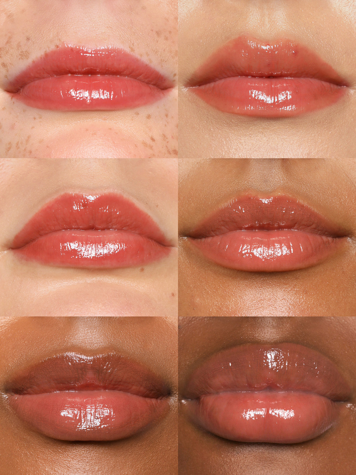 GRID OF REFY LIP GLOSS IN SHADE DUSK ON DIFFERENT SKIN TONES