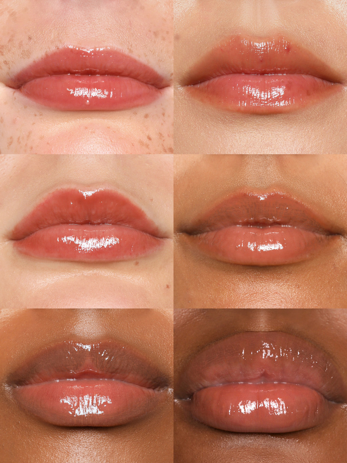 GRID OF REFY LIP GLOSS IN SHADE FAWN ON DIFFERENT SKIN TONES