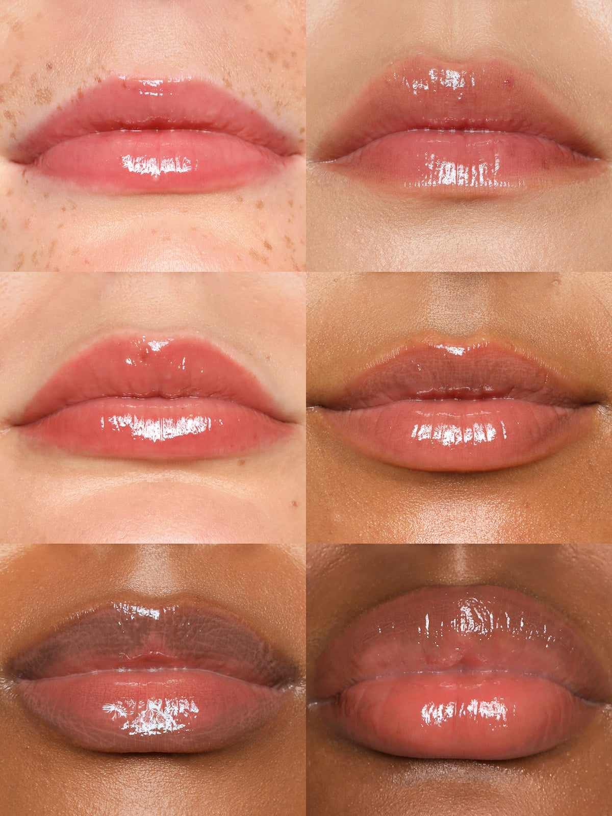 GRID OF REFY LIP GLOSS IN SHADE ROSEWOOD ON DIFFERENT SKIN TONES