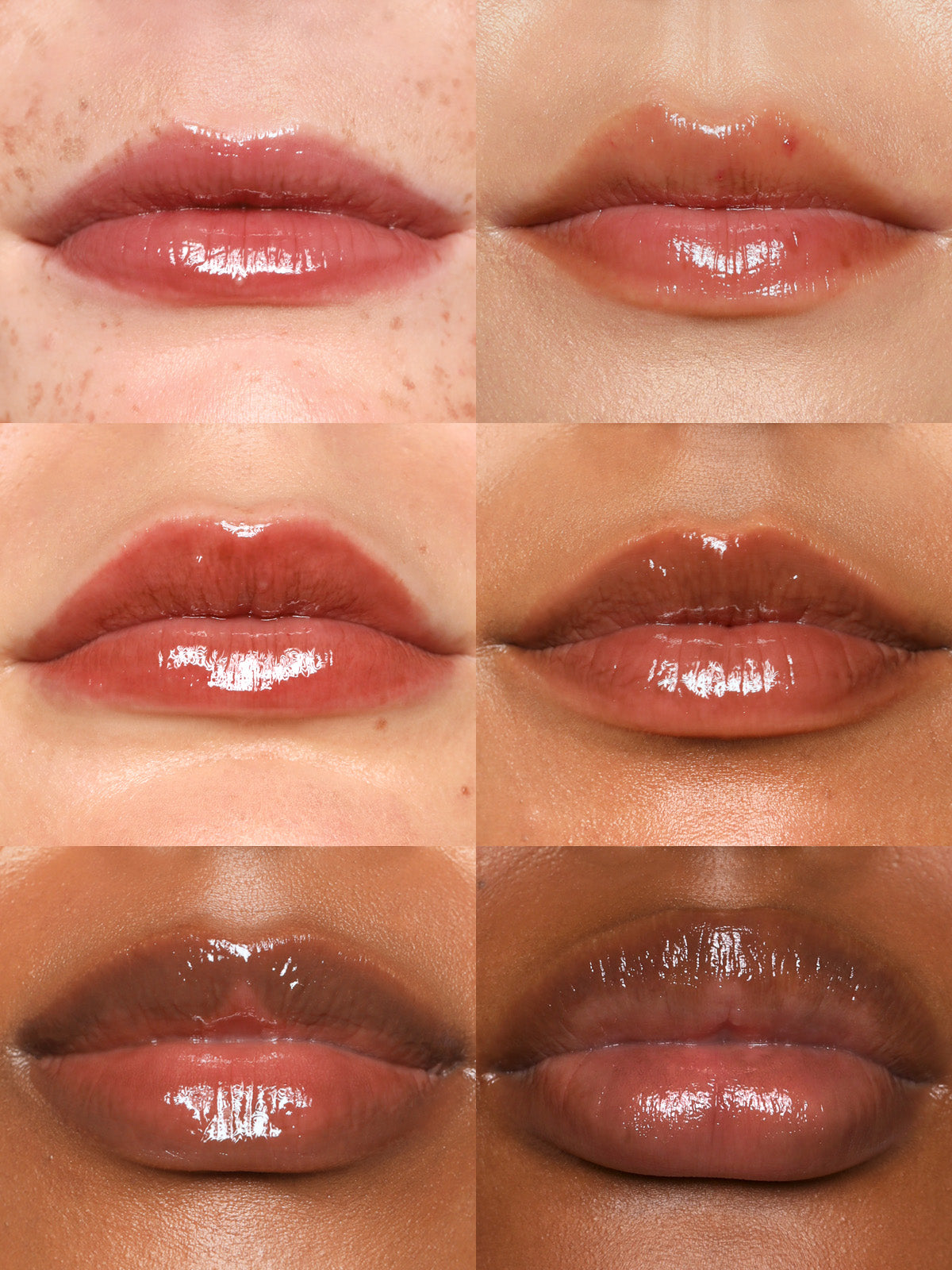 GRID OF REFY LIP GLOSS IN SHADE SEPIA ON DIFFERENT SKIN TONES