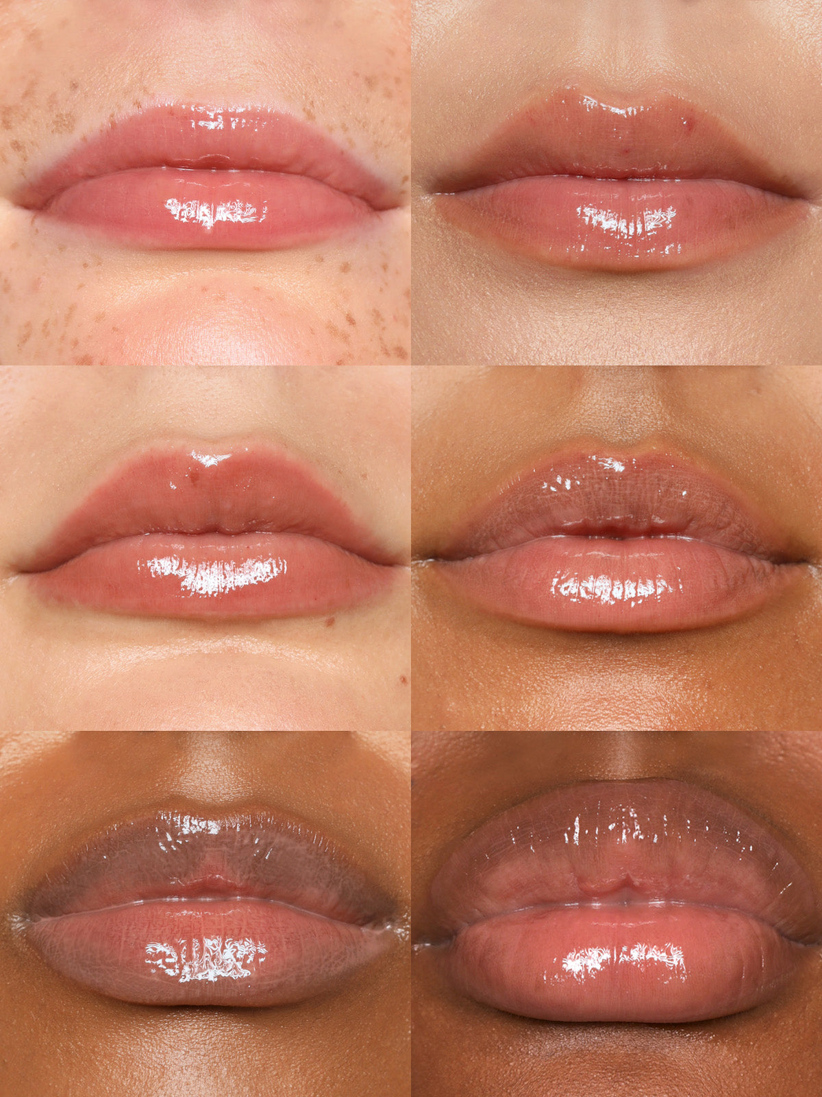 GRID OF REFY LIP GLOSS IN SHADE TAUPE ON DIFFERENT SKIN TONES